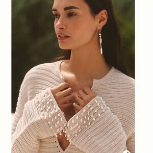 CELANDINE PEARL BEAD-TRIM KNIT LONG-SLEEVE MINI SHIFT DRESS Cream Tan